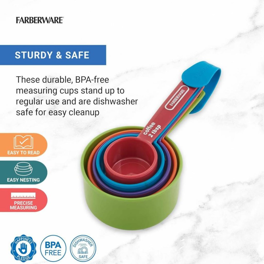 Farberware Professional 5-Piece Nesting Measuring Cup Set with Coffee Scoop - Durable Plastic, Easy-Read Markings for Kitchen & Baking