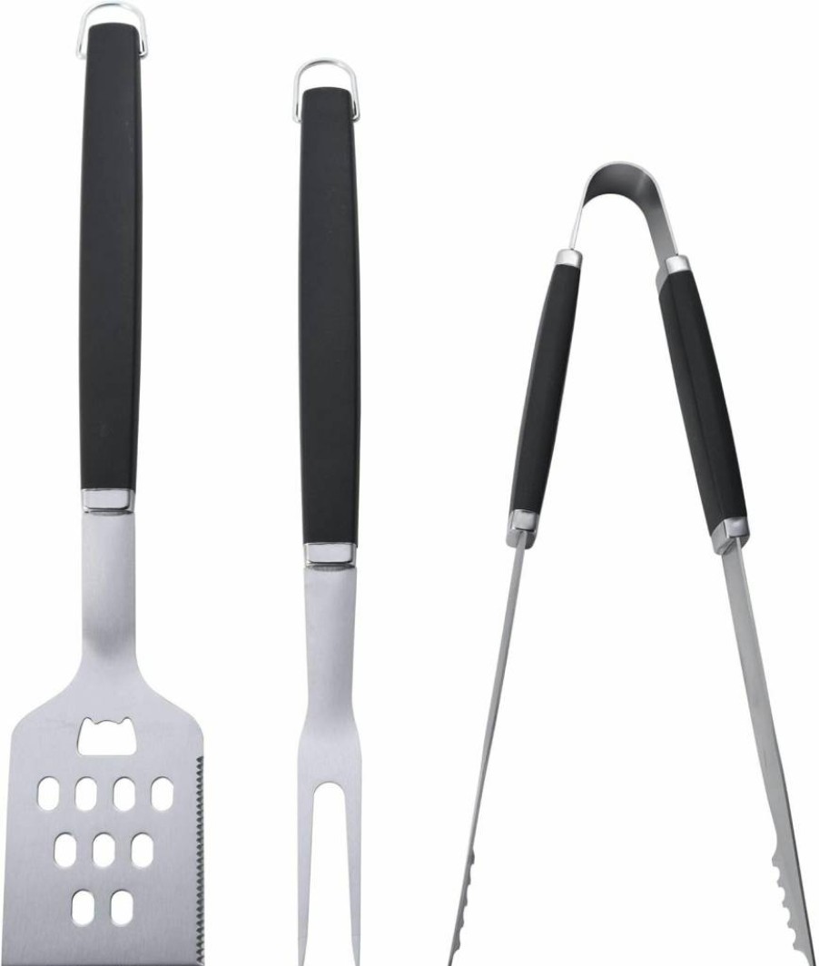 Farberware 3-Piece BBQ Tool Set - Grill Spatula, Tongs, Fork - Durable Black Barbecue Accessories