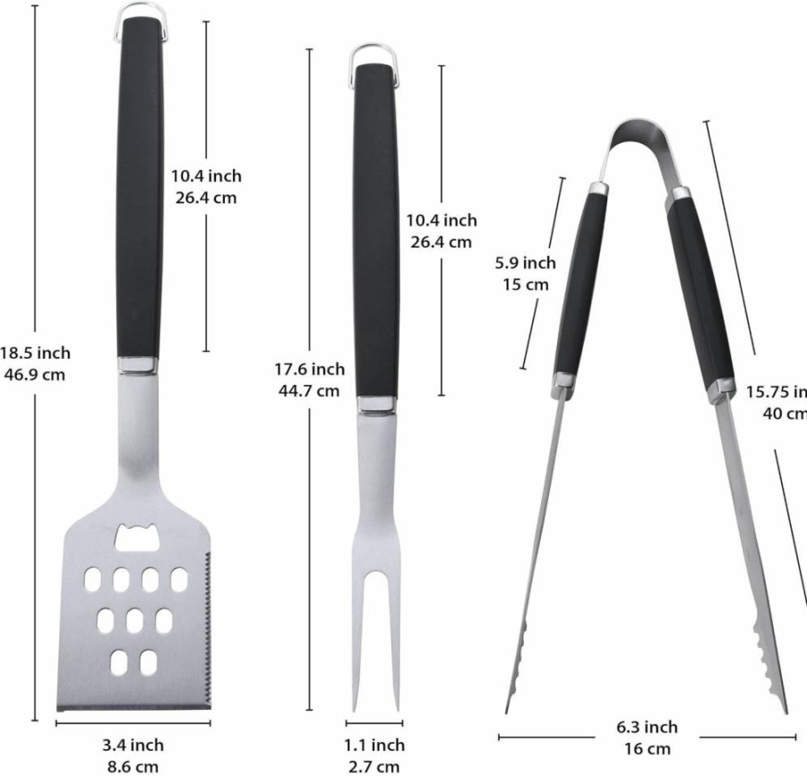Farberware 3-Piece BBQ Tool Set - Grill Spatula, Tongs, Fork - Durable Black Barbecue Accessories