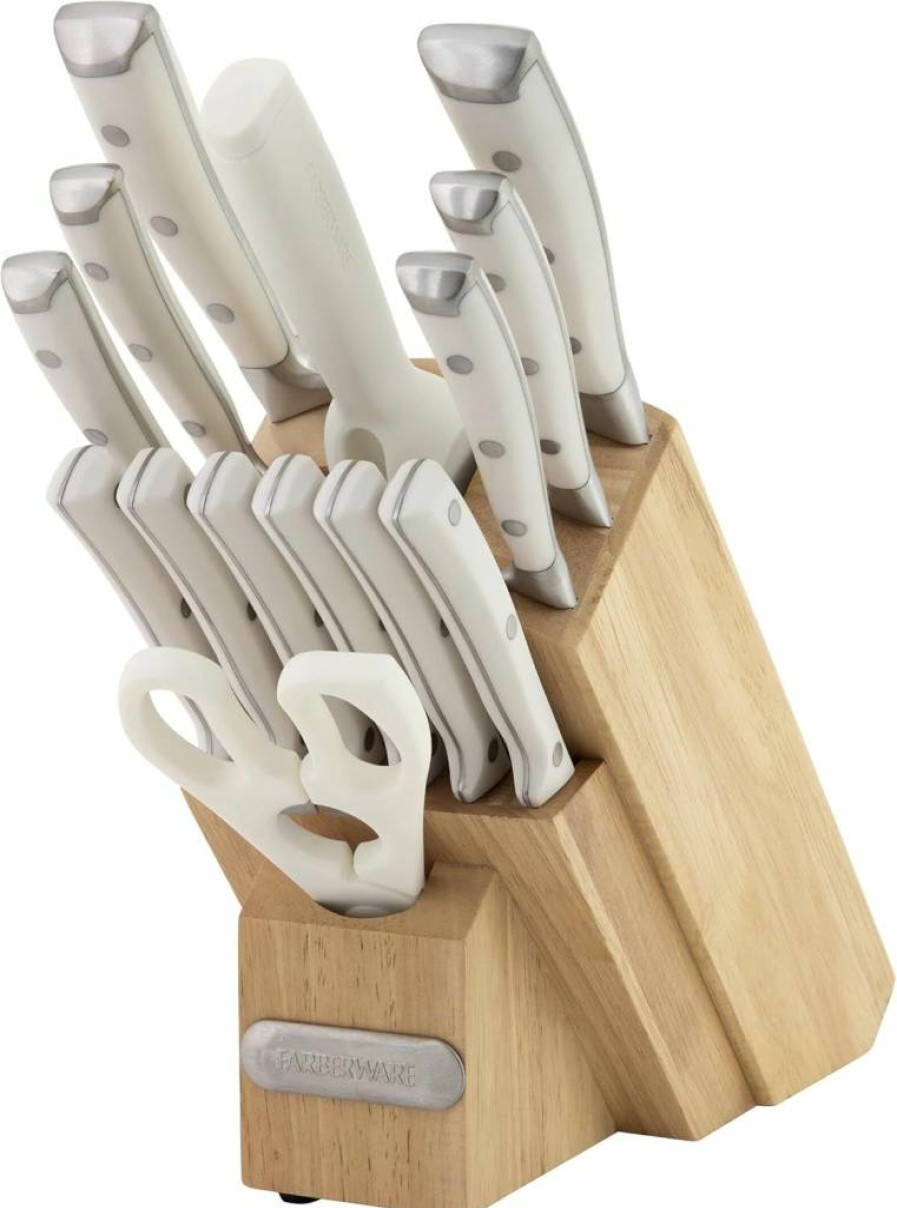 Farberware 15-Piece Forged Knife Set with Wood Block - High Carbon Stainless Steel Kitchen Knives, Triple Riveted Handles, Razor Sharp Blades