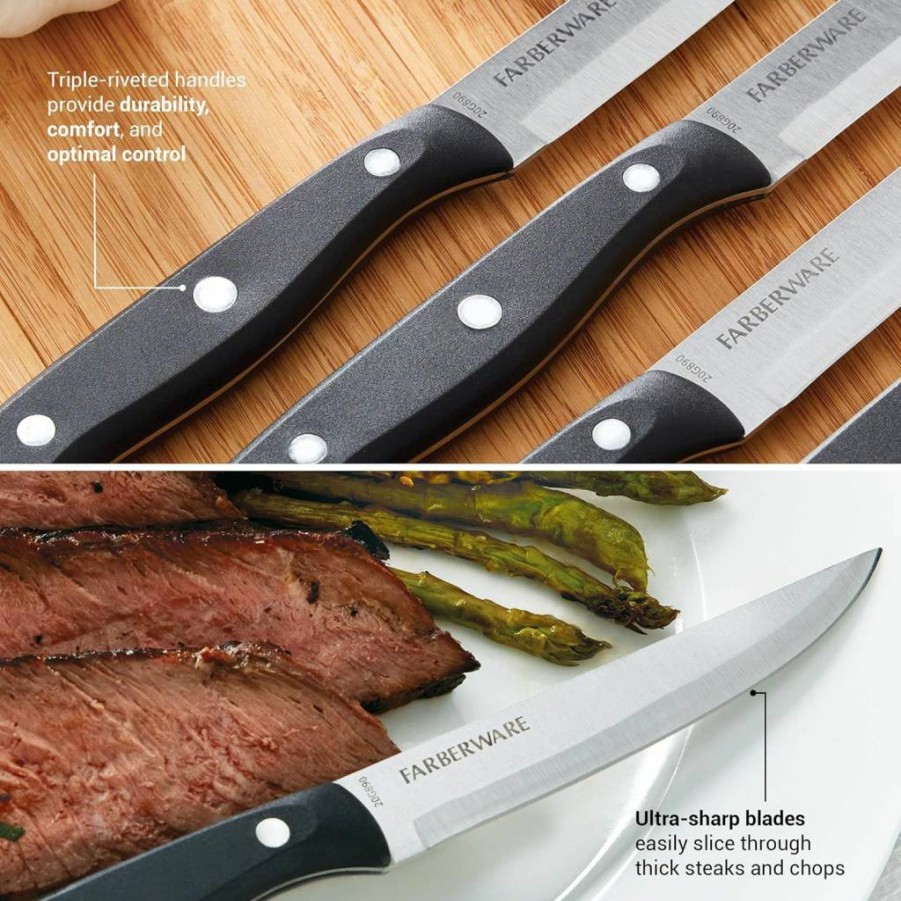 Farberware 4-Piece Steak Knife Set - 4.5" High-Carbon Stainless Steel Blades, Sharp Fine Edge, Ergonomic Handle for Precision Cutting