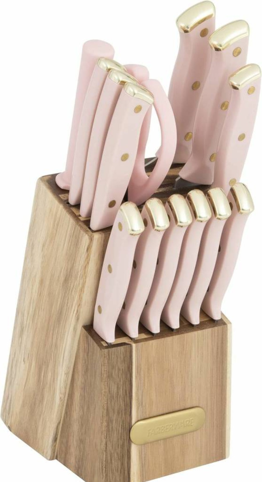 Farberware 15-Piece Navy & Gold Knife Block Set with High-Carbon Stainless Steel Blades, Ergonomic Handles, and Wood Storage Block