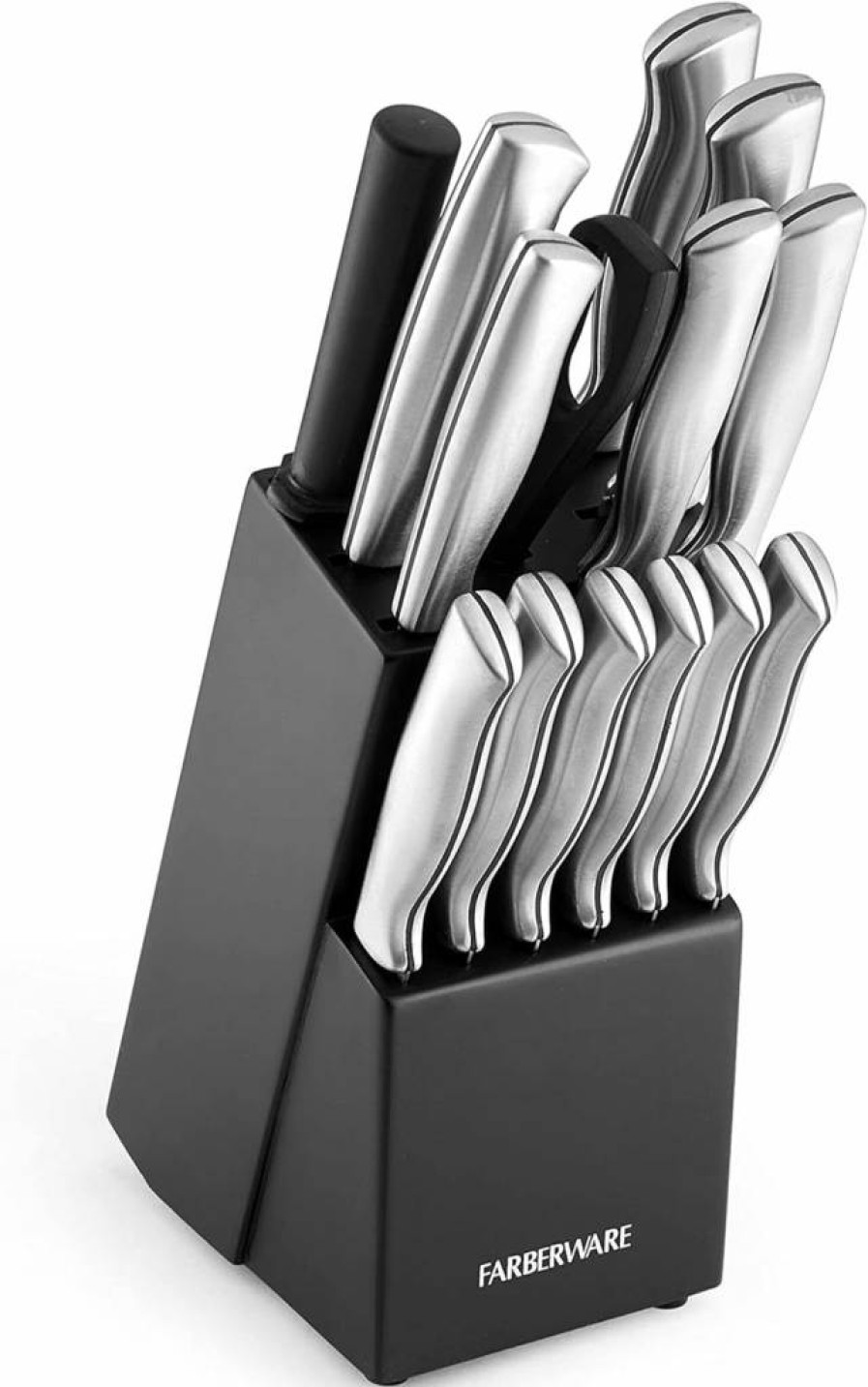 Farberware 15-Piece Stainless Steel Knife Set with Wood Block - Includes Steak Knives, Ultra-Sharp Blades & Ergonomic Handles for Comfort Grip - Black