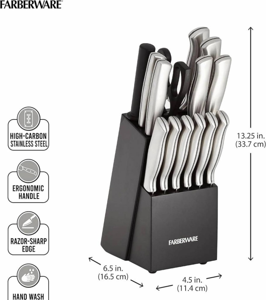 Farberware 15-Piece Stainless Steel Knife Set with Wood Block - Includes Steak Knives, Ultra-Sharp Blades & Ergonomic Handles for Comfort Grip - Black