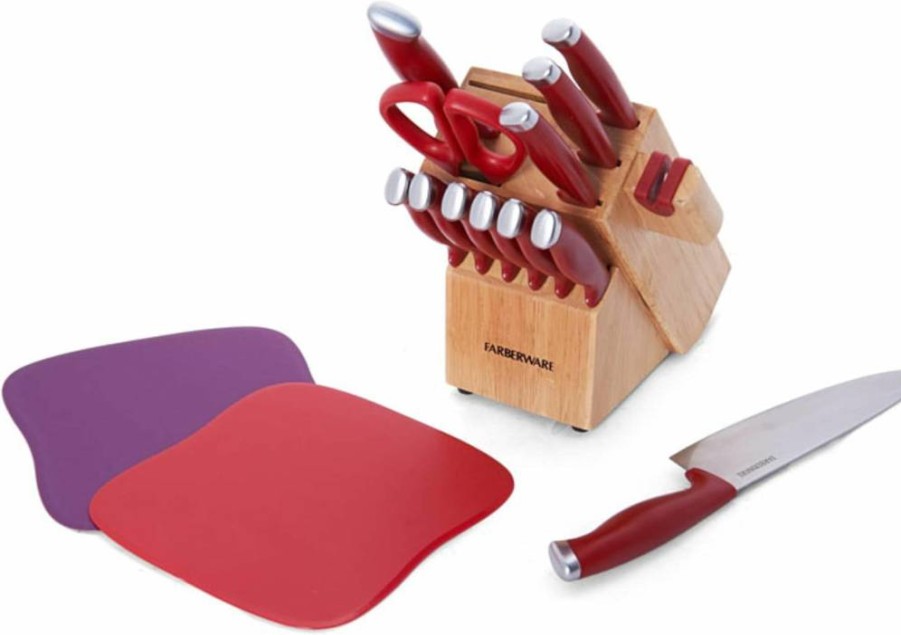 Farberware 14-Piece Knife Set with Block and Built-In Sharpener - Triple-Rivet Stainless Steel Cutlery