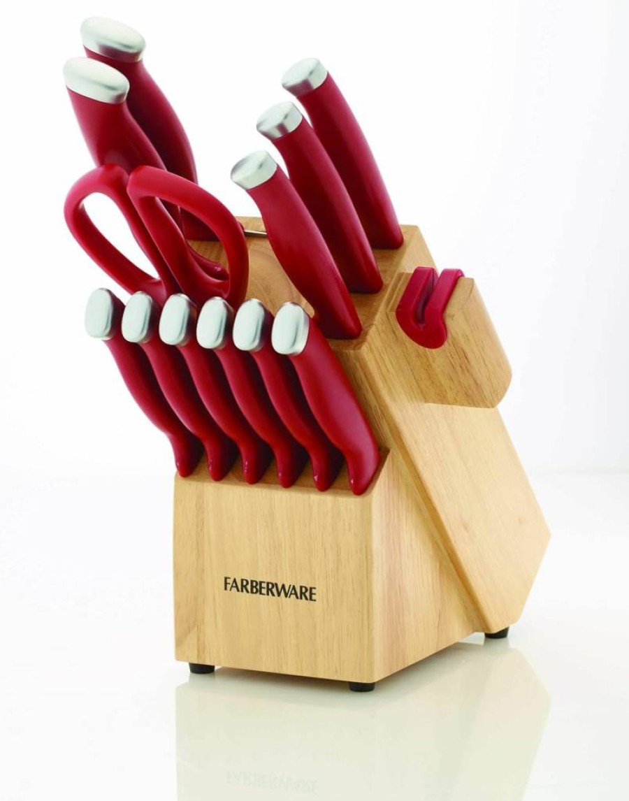 Farberware 14-Piece Knife Set with Block and Built-In Sharpener - Triple-Rivet Stainless Steel Cutlery