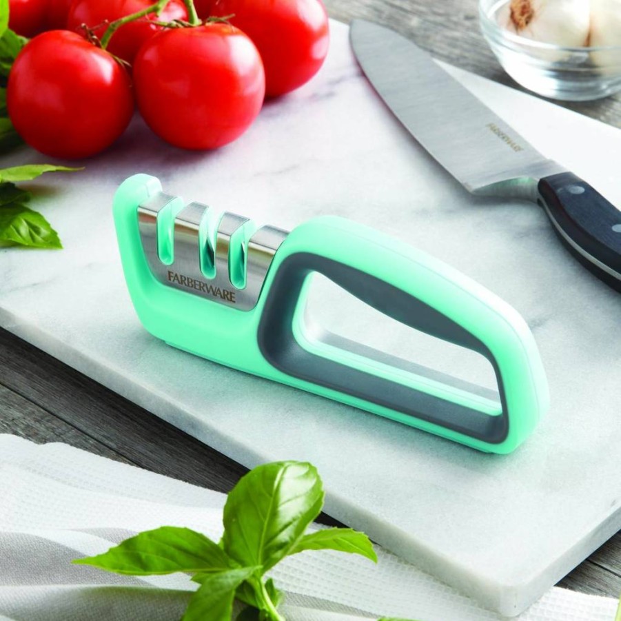 Farberware Edgekeeper 2-Stage Knife Sharpener for Serrated and Straight Knives, 7.5-Inch Aqua, Professional Kitchen Tool