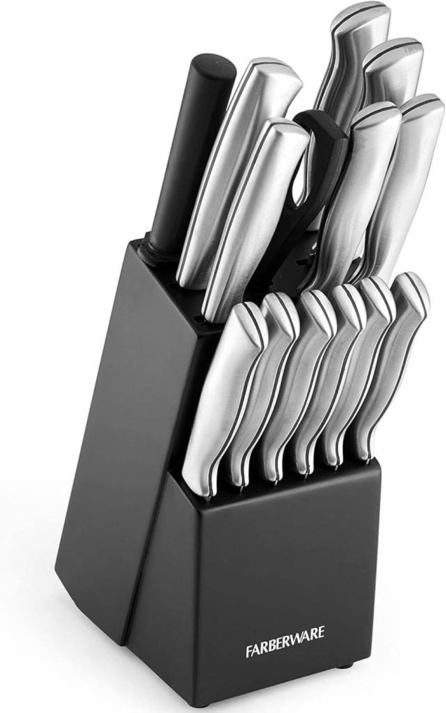 Farberware 15-Piece Stainless Steel Knife Block Set with Wood Block - High-Carbon Ergonomic Kitchen Knives, Razor-Sharp Graphite Handles