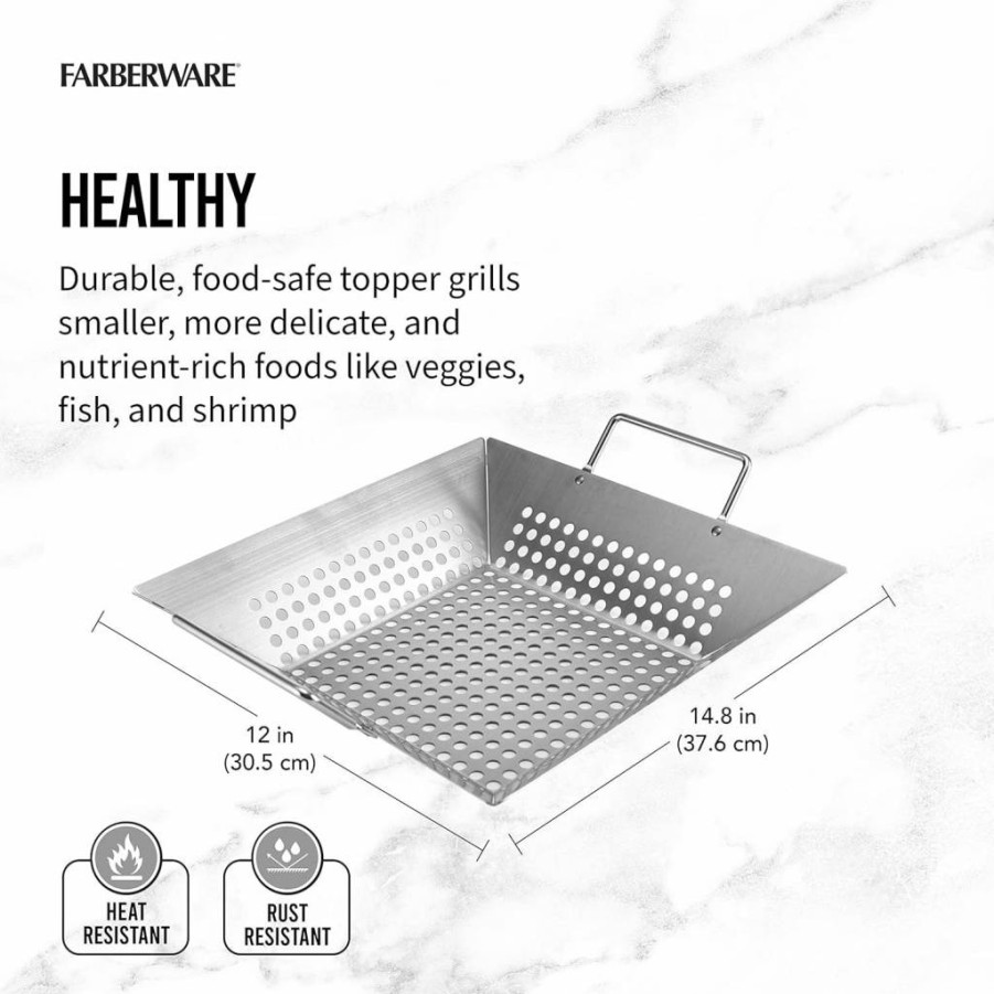 Farberware Stainless Steel BBQ Grill Topper, 14.75 x 12 Inch Square Wire Cooking Grate for Outdoor Grilling