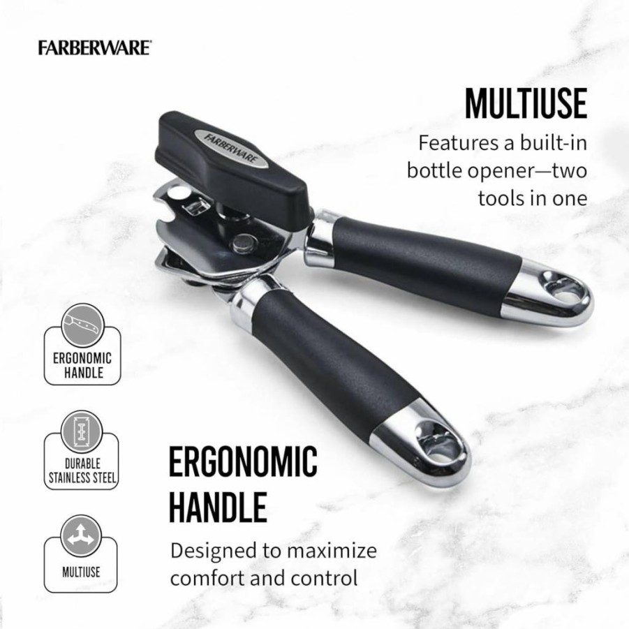 Farberware 9-Inch Black Manual Can Opener - Smooth Edge, Comfort Grip, Easy-Open Design