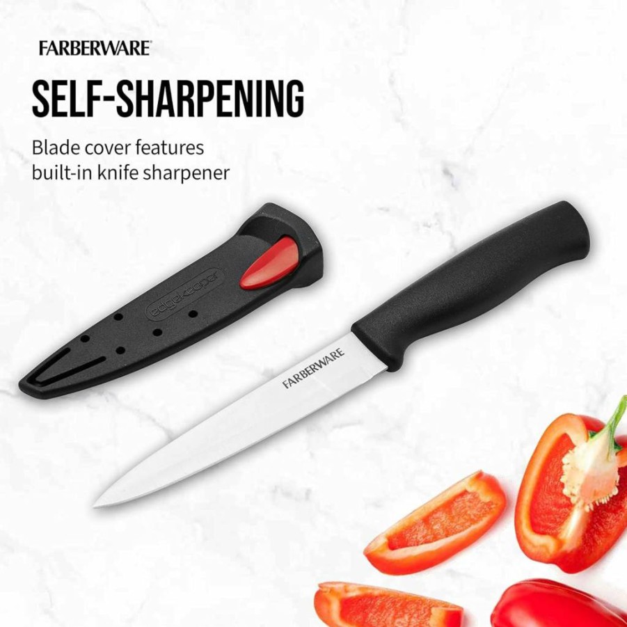 Farberware 5-Inch Santoku Knife with Self-Sharpening Cover, High Carbon Stainless Steel Blade, Ergonomic Handle, Razor-Sharp Kitchen Knife - Black