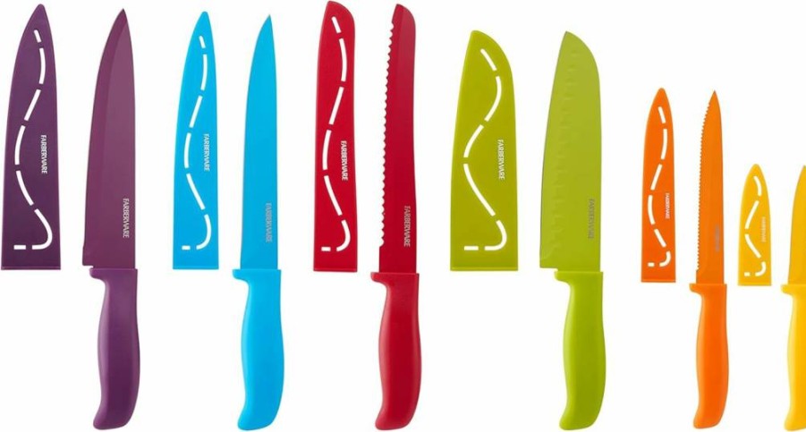 Farberware 12-Piece Non-Stick Kitchen Knife Set with Blade Covers - Dishwasher Safe, Razor Sharp, Multicolor Resin Handles