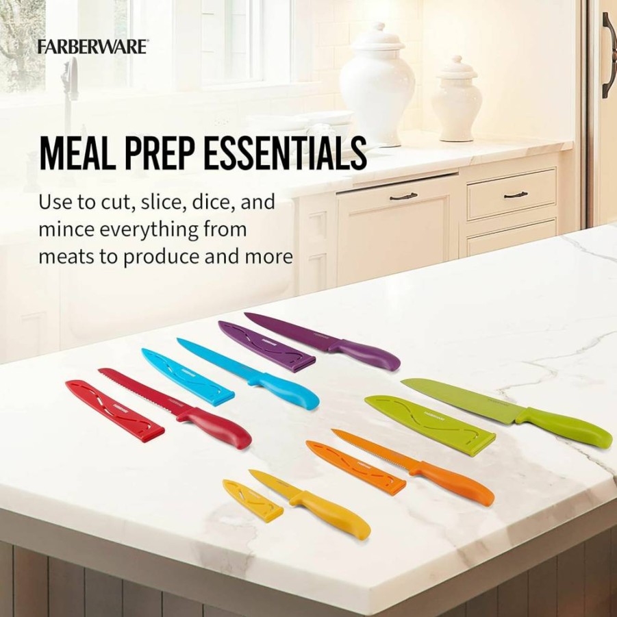 Farberware 12-Piece Non-Stick Kitchen Knife Set with Blade Covers - Dishwasher Safe, Razor Sharp, Multicolor Resin Handles