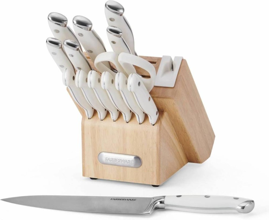 Farberware 15-Piece Forged Knife Block Set with Edgekeeper Technology - Triple Riveted Black Handles