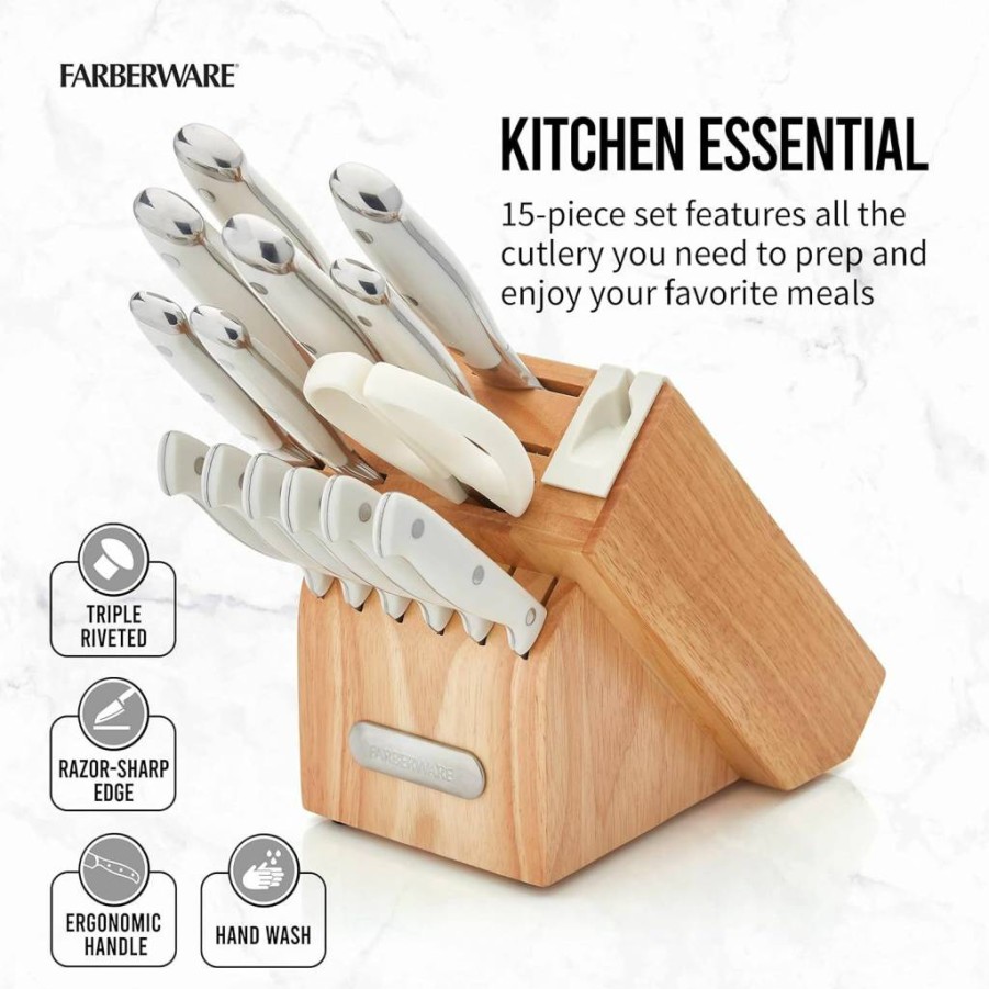 Farberware 15-Piece Forged Knife Block Set with Edgekeeper Technology - Triple Riveted Black Handles