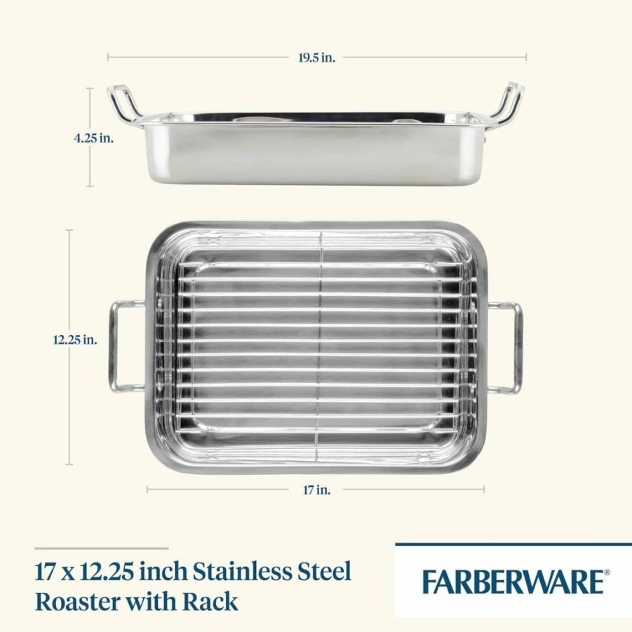 Farberware Stainless Steel Roasting Pan with Rack - 17 x 12.25 Inch Classic Traditions Roaster for Oven Baking & Cooking