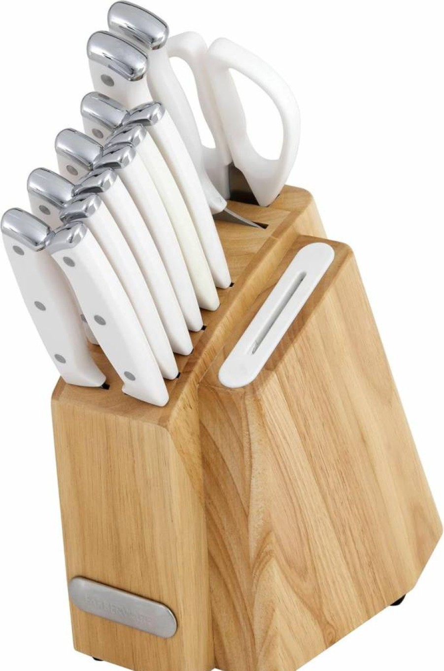 Farberware 14-Piece Acacia Knife Block Set with Edgekeeper Technology, Triple Riveted Handles, and Built-In Sharpener - White