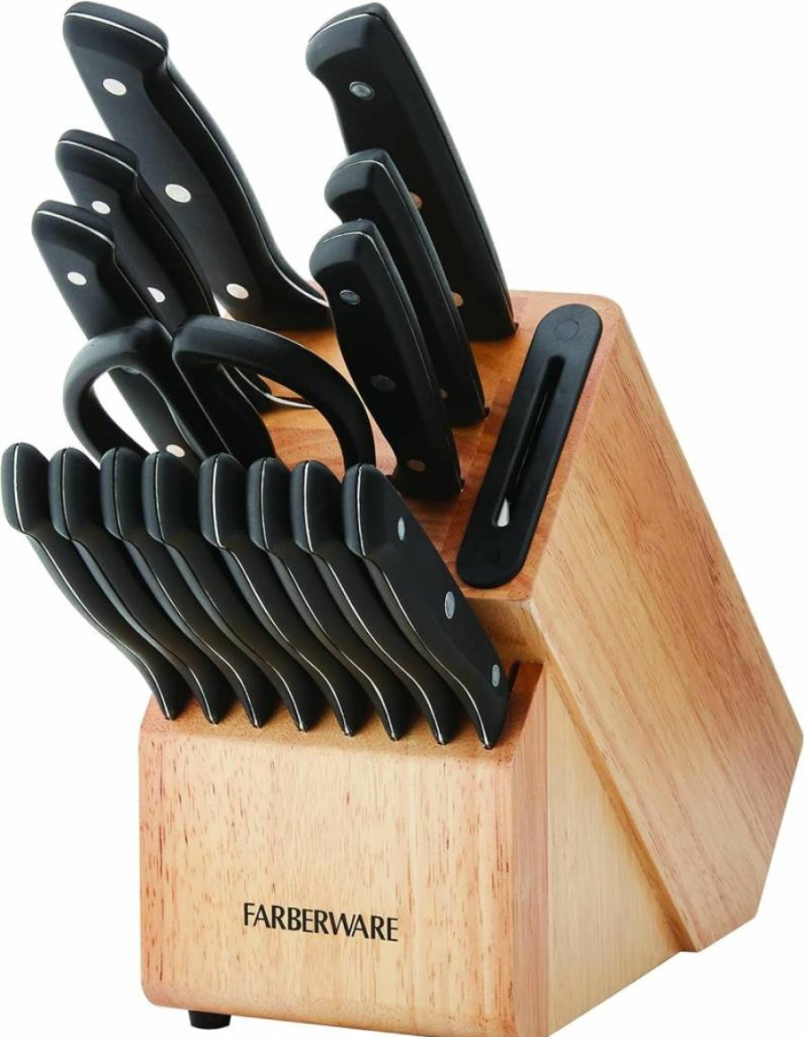 Farberware 16-Piece Black Knife Block Set with Edgekeeper Triple Rivet Design and Built-In Sharpener