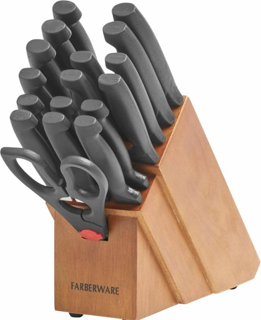 Farberware 18-Piece High-Carbon Stainless Steel Knife Block Set with Non-Slip Handles, Never Needs Sharpening, Black