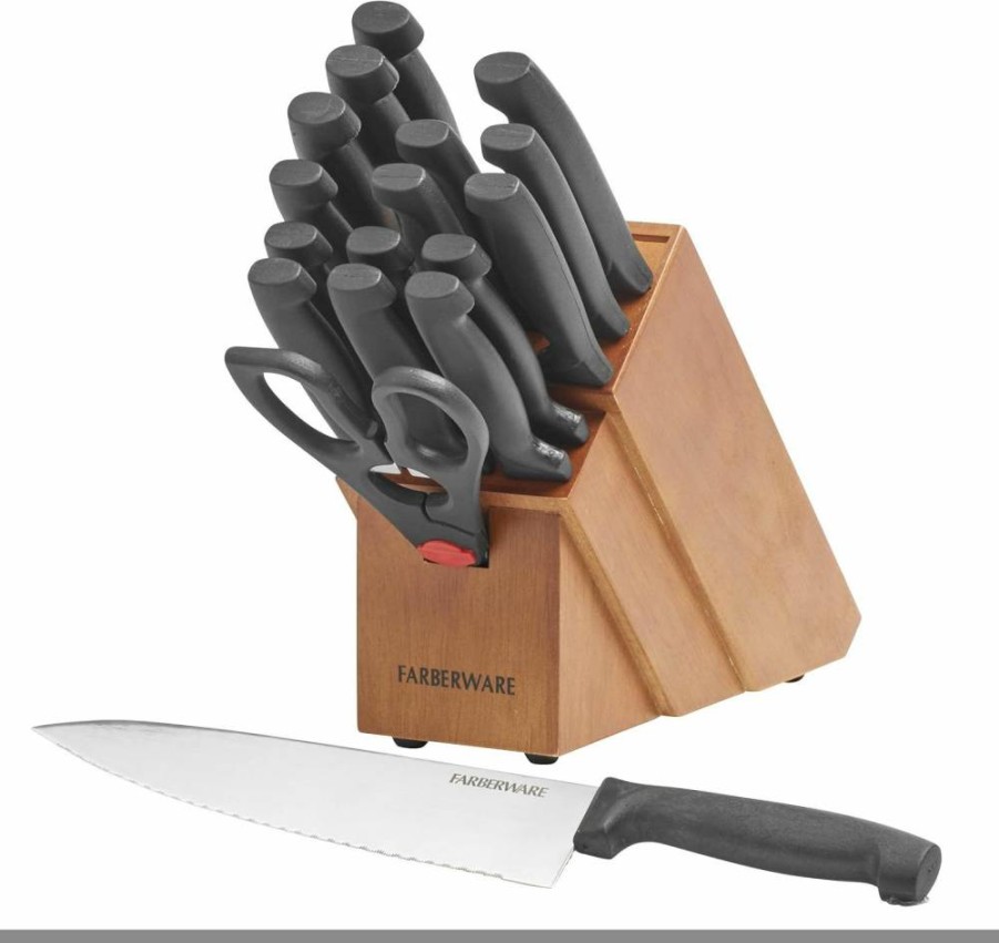 Farberware 18-Piece High-Carbon Stainless Steel Knife Block Set with Non-Slip Handles, Never Needs Sharpening, Black