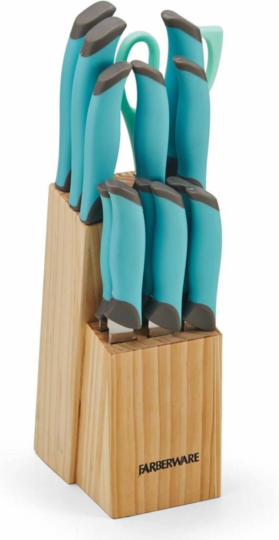 Farberware 14-Piece Soft Grip Knife Block Set with Aqua and Gray Handles - Stainless Steel Cutlery for Kitchen