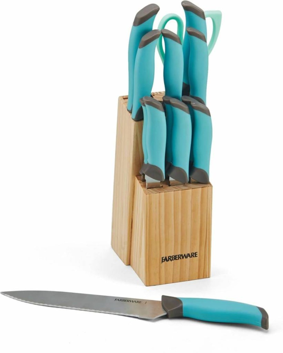 Farberware 14-Piece Soft Grip Knife Block Set with Aqua and Gray Handles - Stainless Steel Cutlery for Kitchen