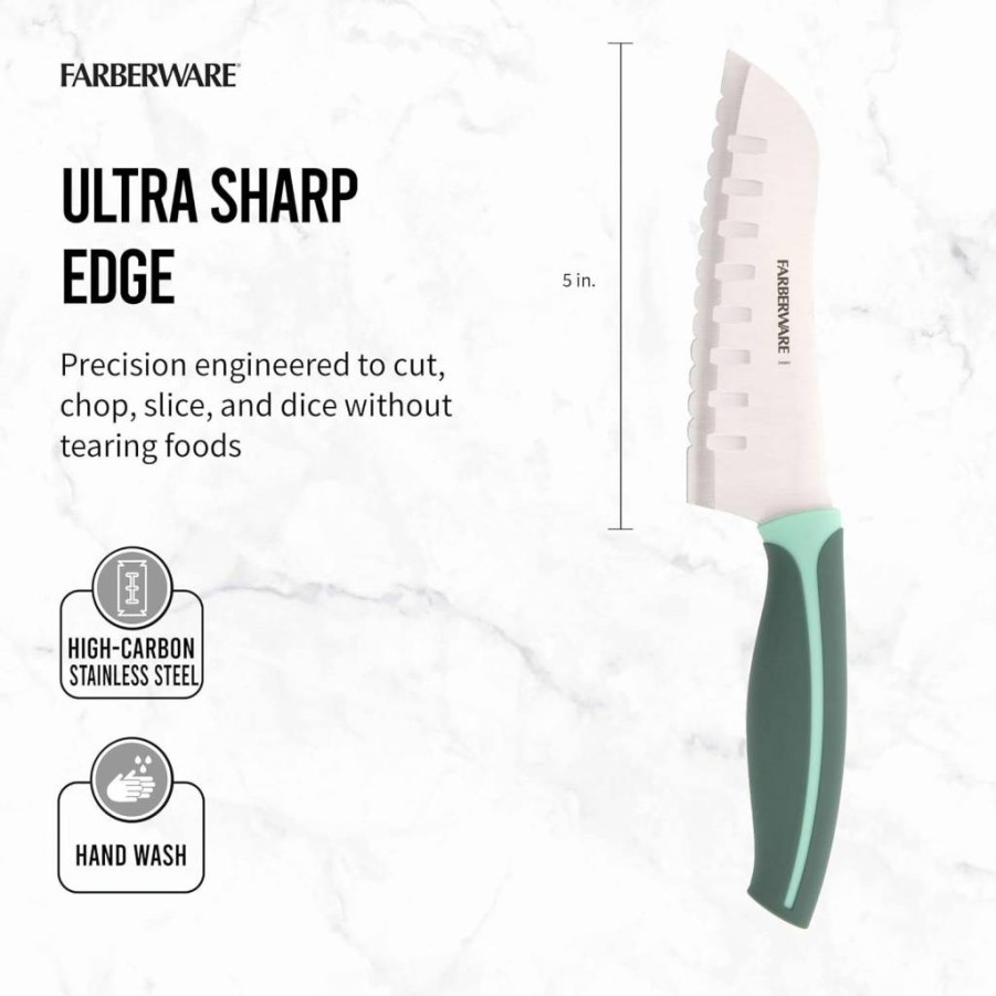 Farberware 5.5-Inch Green Utility Knife with Soft Grip Handle - Serrated Edge for Precise Cutting