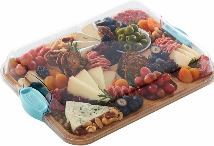 Farberware Bamboo Cutting Board with Locking Lid - Build-A-Board for Charcuterie, Snacks, and Food Prep - Navy Handles, Removable Compartments