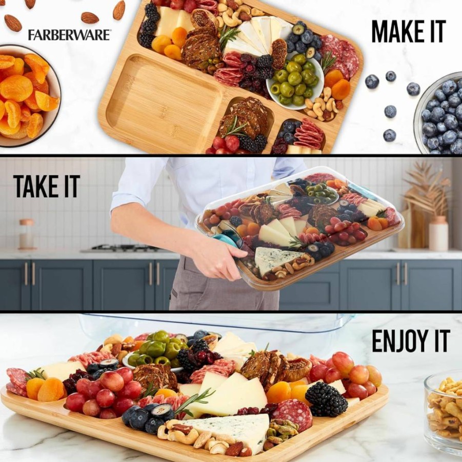 Farberware Bamboo Cutting Board with Locking Lid - Build-A-Board for Charcuterie, Snacks, and Food Prep - Navy Handles, Removable Compartments