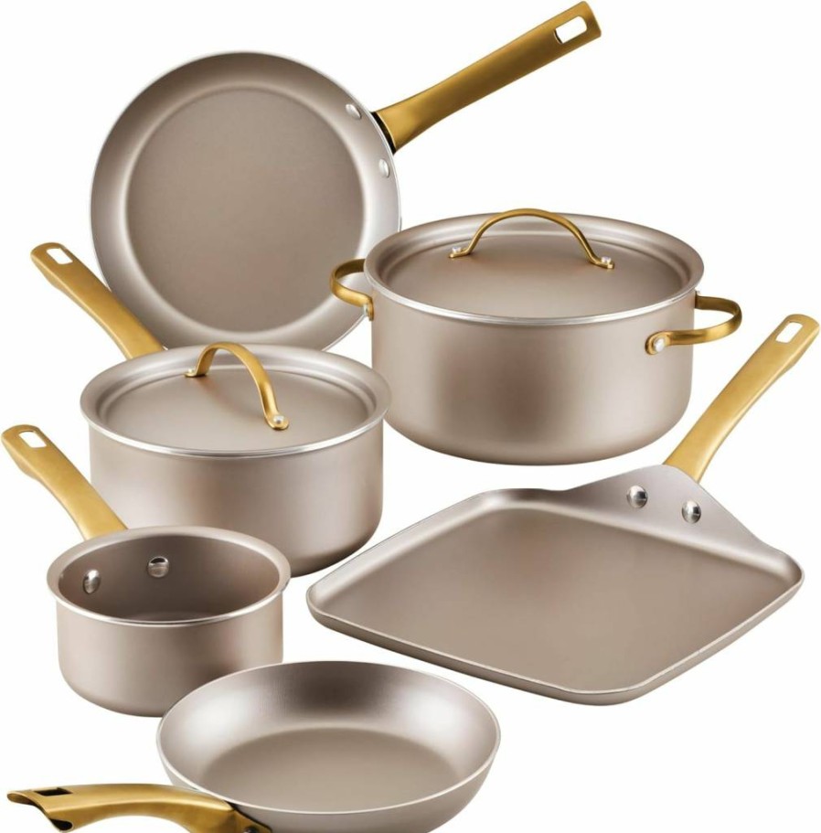 Farberware 12-Piece Nonstick Cookware Set with Lids - Radiant Champagne Pots and Pans, Dishwasher Safe, Includes Prestige Kitchen Tools