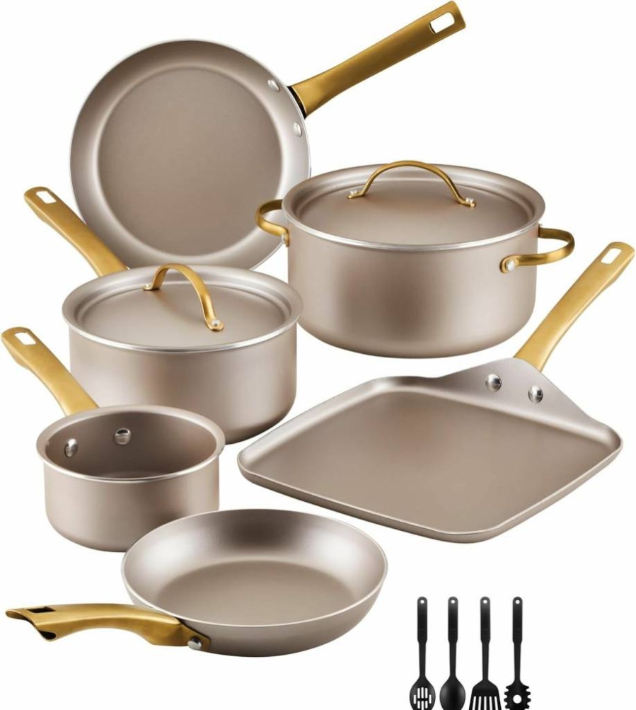 Farberware 12-Piece Nonstick Cookware Set with Lids - Radiant Champagne Pots and Pans, Dishwasher Safe, Includes Prestige Kitchen Tools