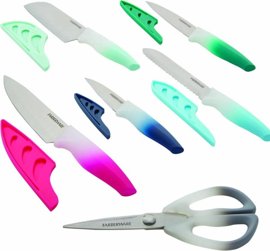 Farberware 11-Piece Soft Grip Knife Set with Blade Guards - Assorted Color Kitchen Cutlery Collection