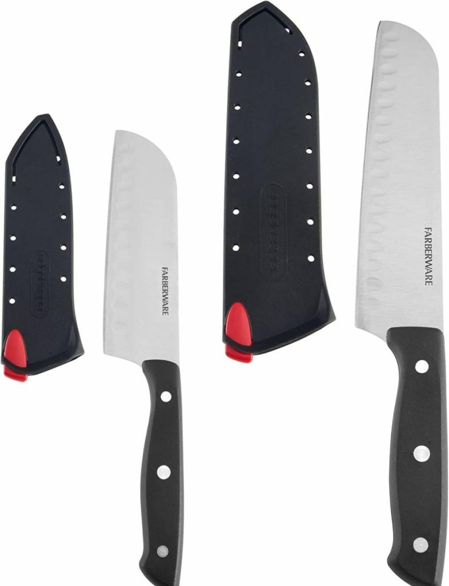 Farberware Self-Sharpening Santoku Knife Set, 4-Piece, Black - Edgekeeper Triple Riveted Design for Precision Cutting