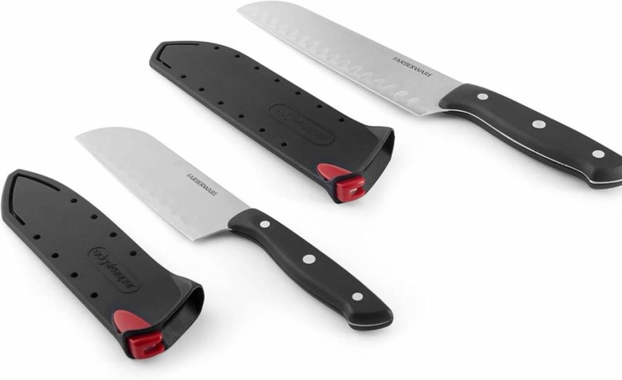 Farberware Self-Sharpening Santoku Knife Set, 4-Piece, Black - Edgekeeper Triple Riveted Design for Precision Cutting