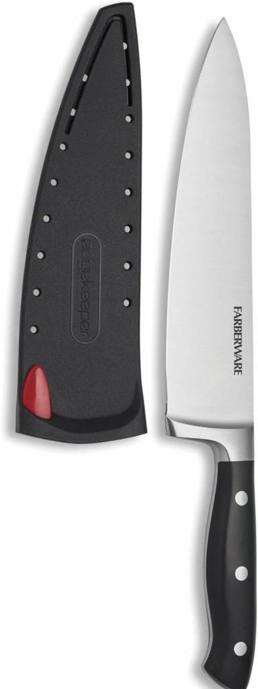 Farberware 8-Inch Chef Knife - High Carbon Stainless Steel Blade, Ergonomic Handle, Self-Sharpening Cover, Triple Riveted Forged Design, Razor-Sharp Edge, Black