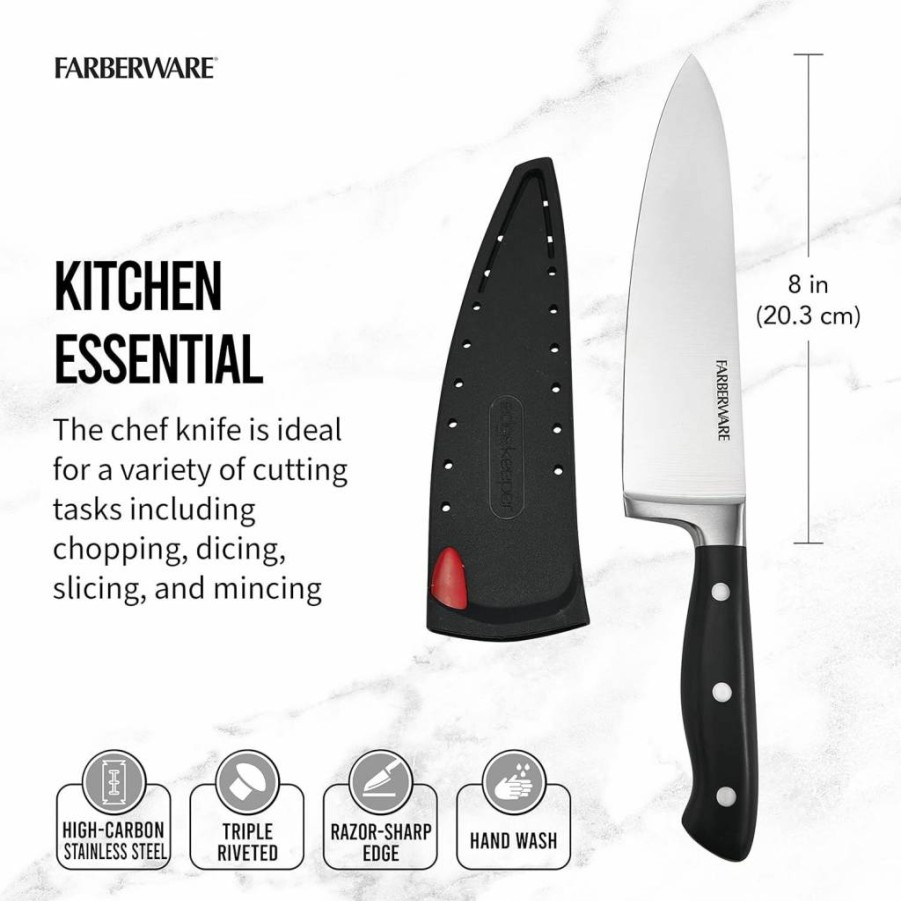 Farberware 8-Inch Chef Knife - High Carbon Stainless Steel Blade, Ergonomic Handle, Self-Sharpening Cover, Triple Riveted Forged Design, Razor-Sharp Edge, Black