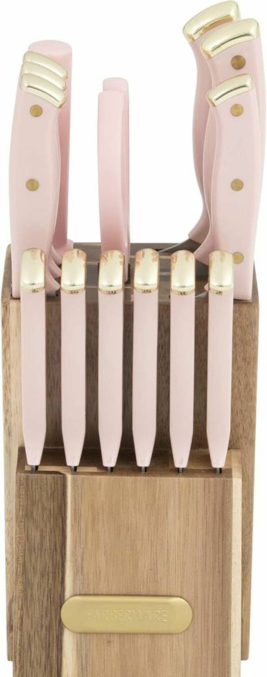 Farberware 15-Piece Knife Block Set with High Carbon Stainless Steel Blades, Ergonomic Handles, and Acacia Wood Stand - Pink and Gold Kitchen Cutlery Collection