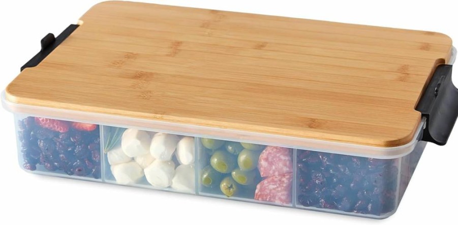 Farberware Portable Snacklebox Serving Tray with Locking Bamboo Lid - Charcuterie Storage Container with Compartments for Entertaining, Natural Bamboo Cutting Board Design