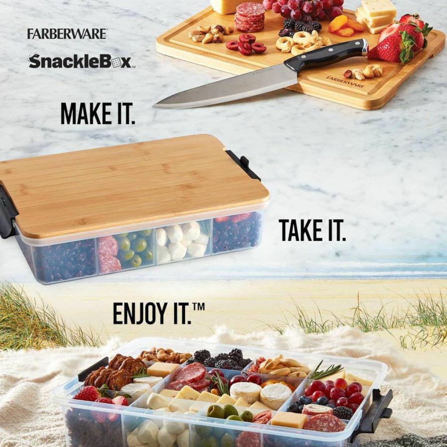 Farberware Portable Snacklebox Serving Tray with Locking Bamboo Lid - Charcuterie Storage Container with Compartments for Entertaining, Natural Bamboo Cutting Board Design