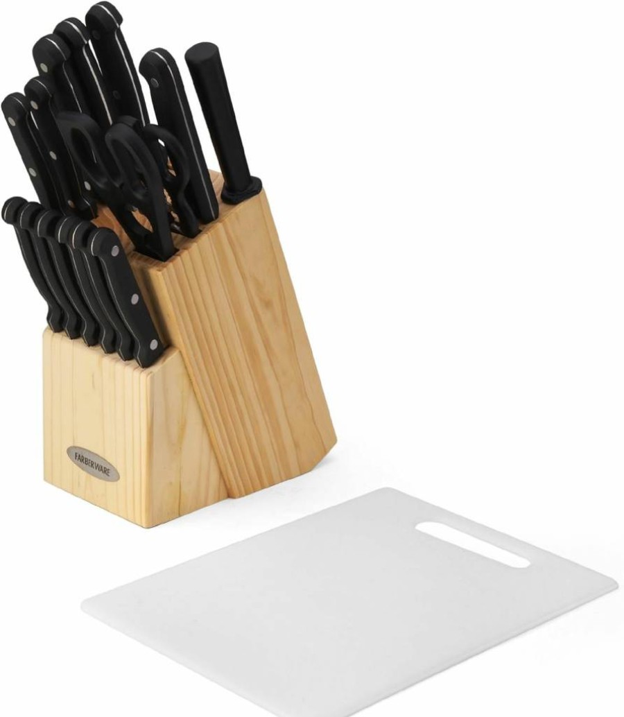 Farberware 17-Piece High-Carbon Stainless Steel Knife Set with Wood Block, Cutting Board & Triple Rivet Handles - Beechwood/Black