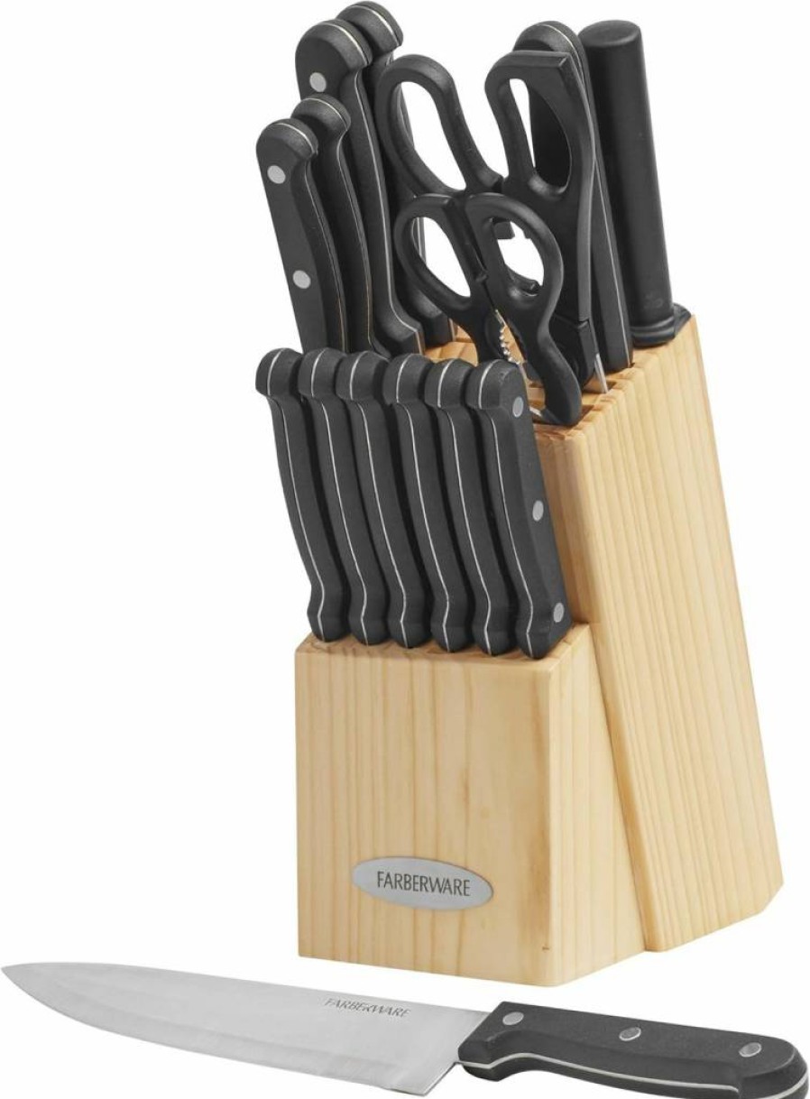 Farberware 17-Piece High-Carbon Stainless Steel Knife Set with Wood Block, Cutting Board & Triple Rivet Handles - Beechwood/Black