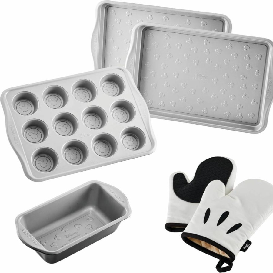 Farberware Disney Mickey Mouse Nonstick 6-Piece Bakeware Set with Cookie Pans, Muffin Tray, Loaf Pan, and Oven Mitts - Black
