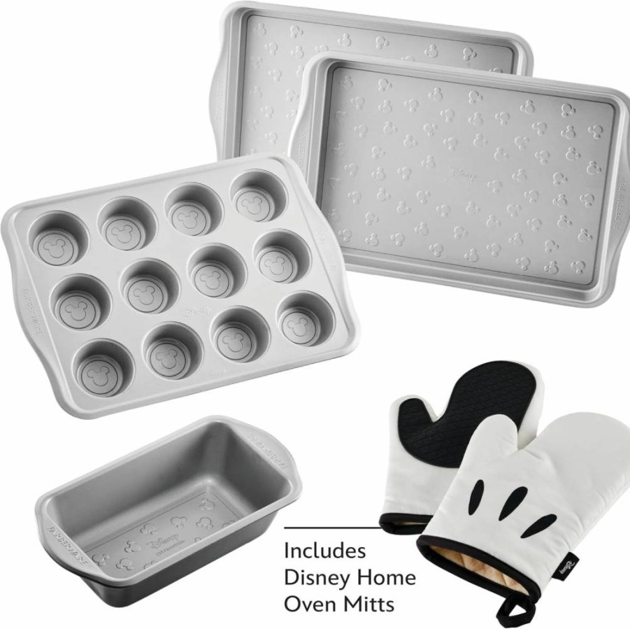 Farberware Disney Mickey Mouse Nonstick 6-Piece Bakeware Set with Cookie Pans, Muffin Tray, Loaf Pan, and Oven Mitts - Black