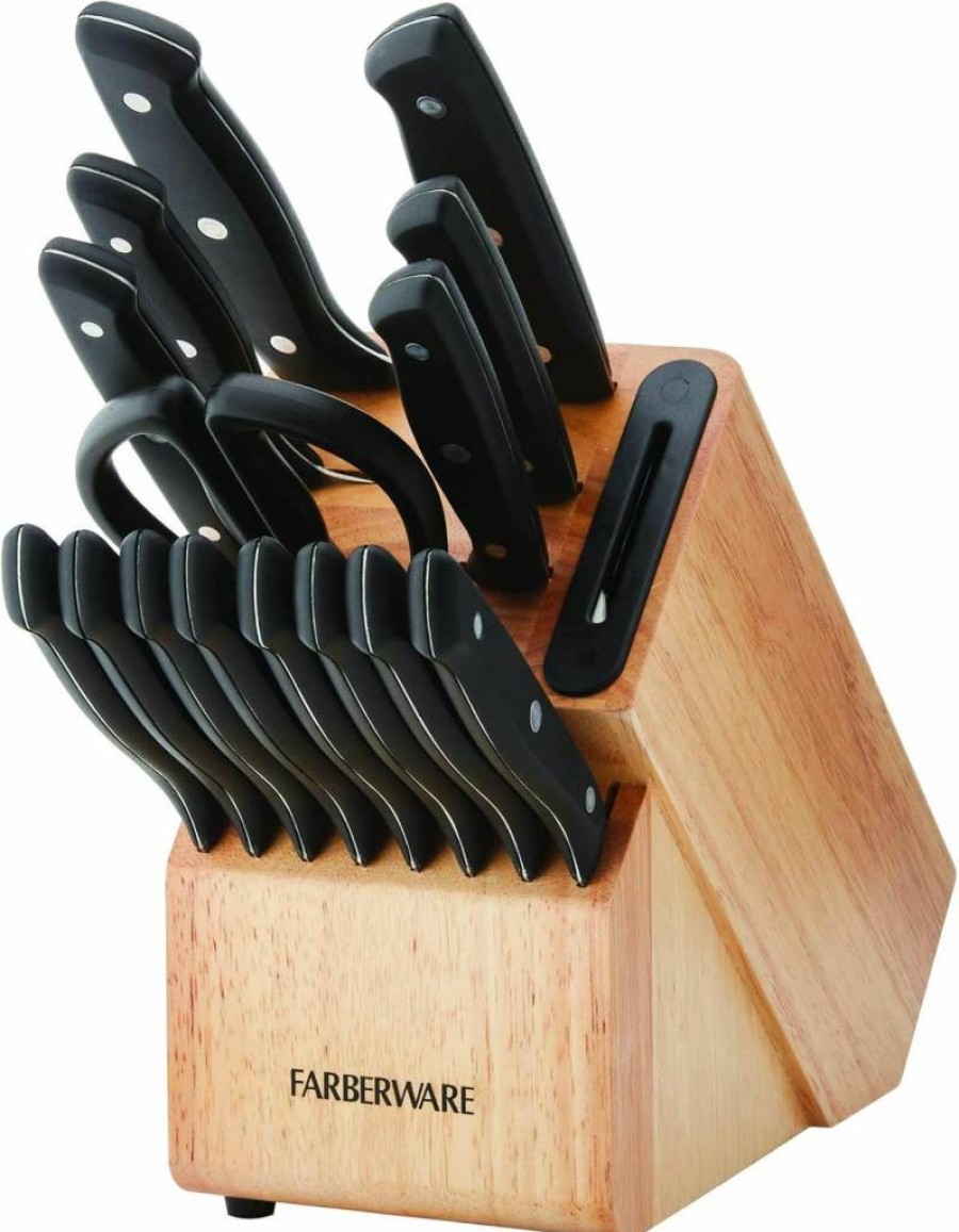 Farberware 16-Piece Knife Block Set with Sharpener - High Carbon Stainless Steel Kitchen Knives, Razor-Sharp Black Cutlery Set