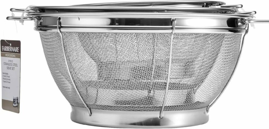 Farberware 3-Piece Stainless Steel Colander Set - Multi-Sized Kitchen Sieves for Efficient Draining