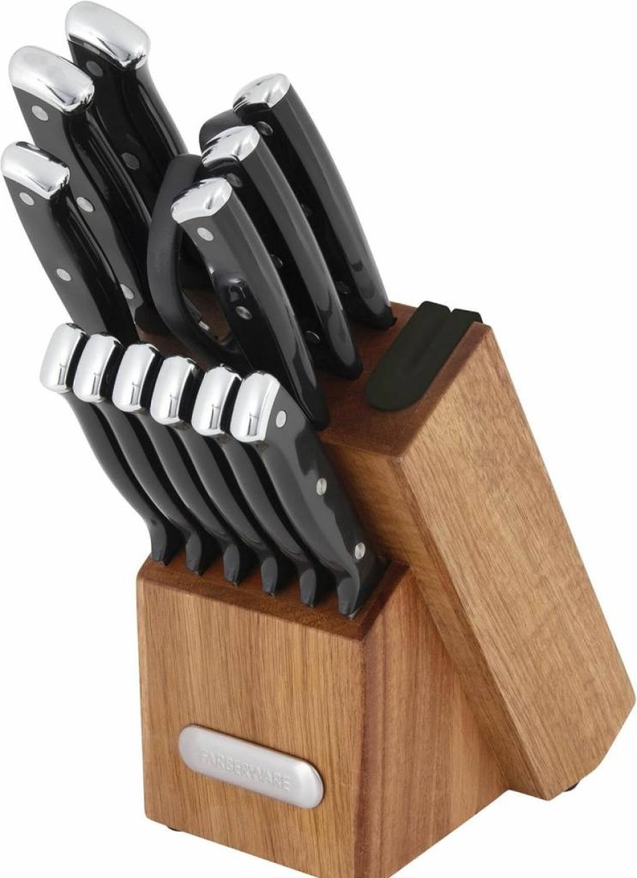 Farberware 14-Piece Knife Block Set with Edgekeeper Technology, Triple Riveted Handles, and Built-In Sharpener - Black