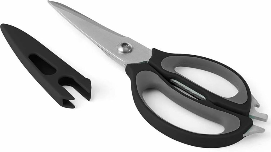 Farberware Stainless Steel Kitchen Scissors - 4-in-1 Multipurpose Shears with Blade Cover, Black - Heavy Duty Food Scissors for Cutting Herbs, Poultry, and More