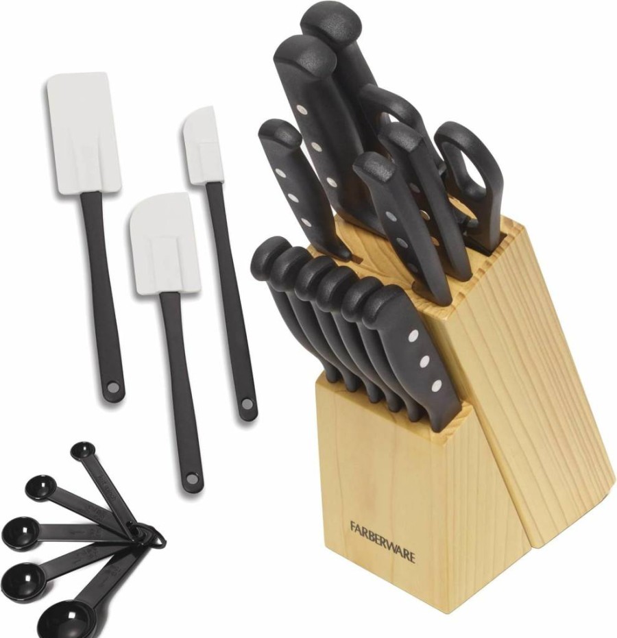 Farberware 22-Piece High-Carbon Stainless Steel Knife Set with Beechwood Block, Rust-Resistant Wave Edge Blades, Triple Rivet Handles