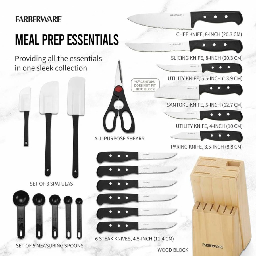 Farberware 22-Piece High-Carbon Stainless Steel Knife Set with Beechwood Block, Rust-Resistant Wave Edge Blades, Triple Rivet Handles