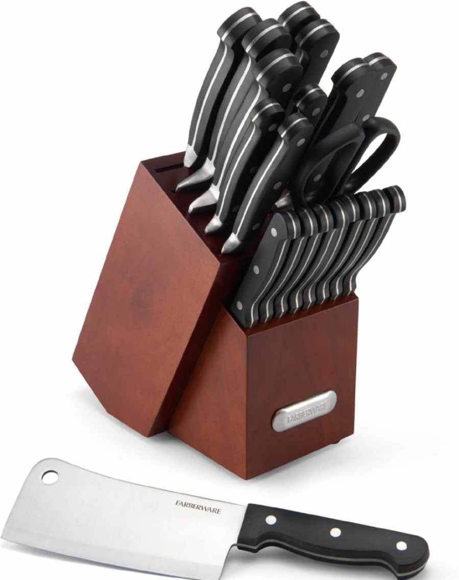 Farberware 21-Piece Forged High-Carbon Stainless Steel Knife Block Set with Sharpener, Meat Cleaver, Carving Fork & Steak Knives, Cherry Wood Block
